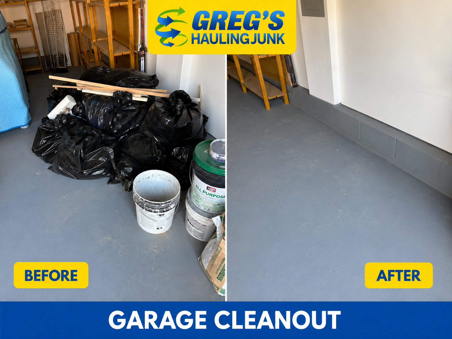 Before and after a garage cleanout in New Jersey by Greg's Hauling Junk — bagged debris and paint buckets removed, floor swept clean